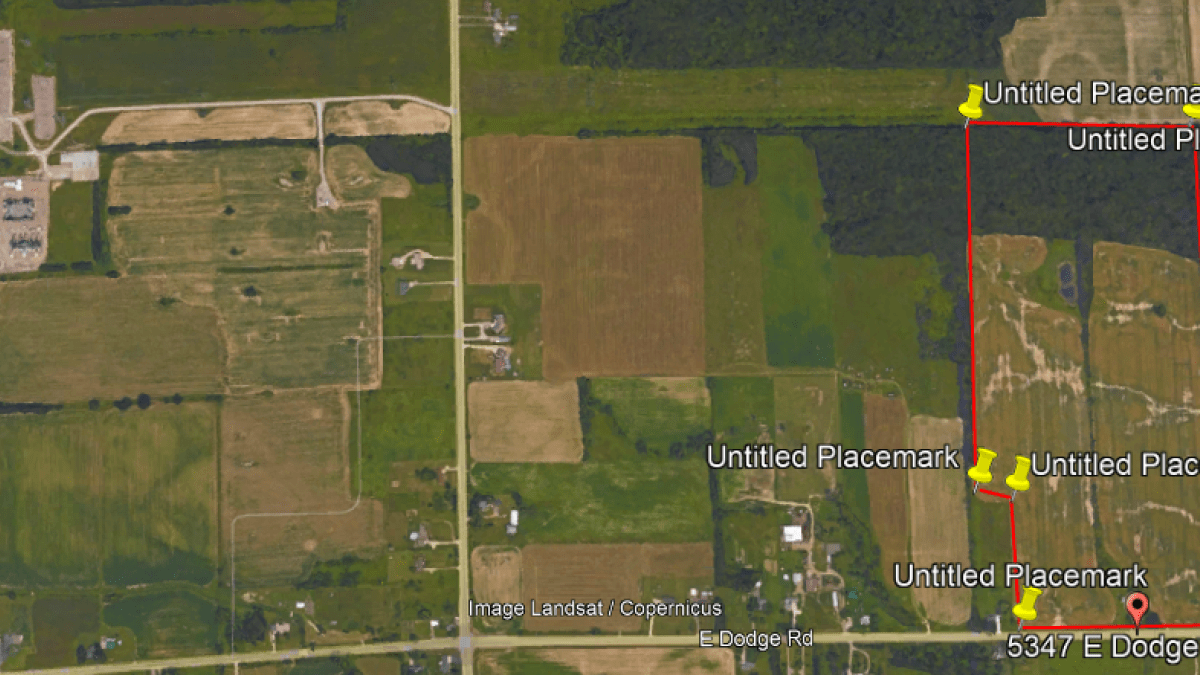 Moore's Farm outlined in red.  Substation to the left.