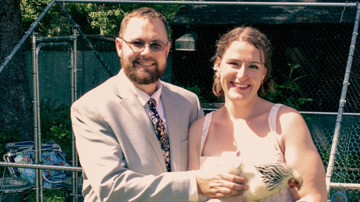 Photo of couple with chicken