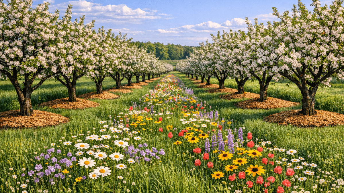 Variety of fruit trees: Apples, plums, pear, peaches, cherry, serviceberry, hazelnut, etc. plus native pollinator flowers between the rows.