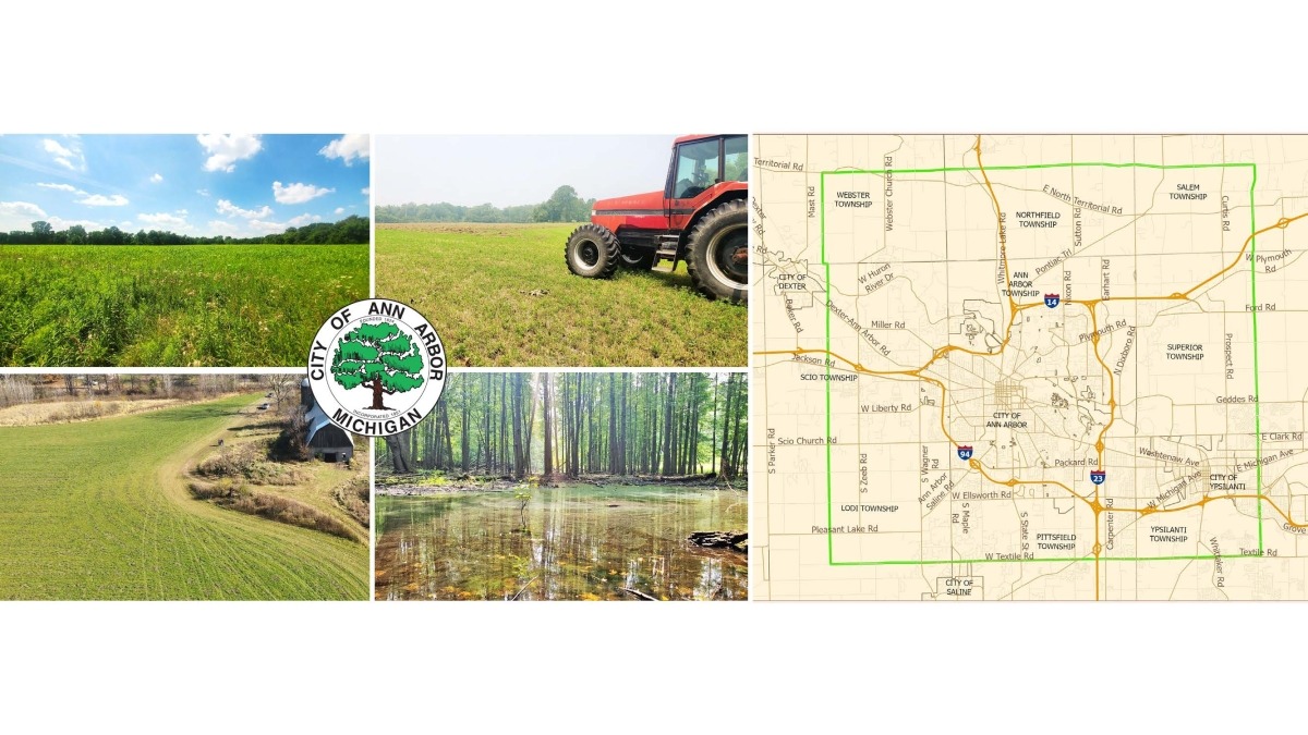 The City of Ann Arbor logo; image of the Greenbelt boundary; two photos of the Greenbelt's first BPS farm