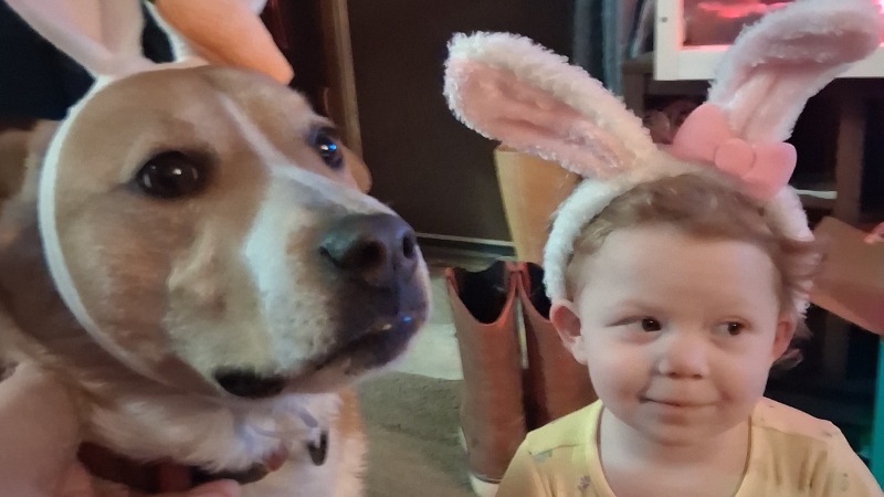 Our daughter and totoro during easter, she put the ears on him