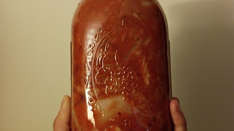 My latest jar of homemade kimchi. Kimchi I fell in love with due to spicy savory flavors. Since then I realized it is good for my gut health.  Now if only I could grow my own veggies to craft with.