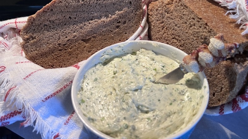 Home made spelt and rye bread with home made herbed butter 