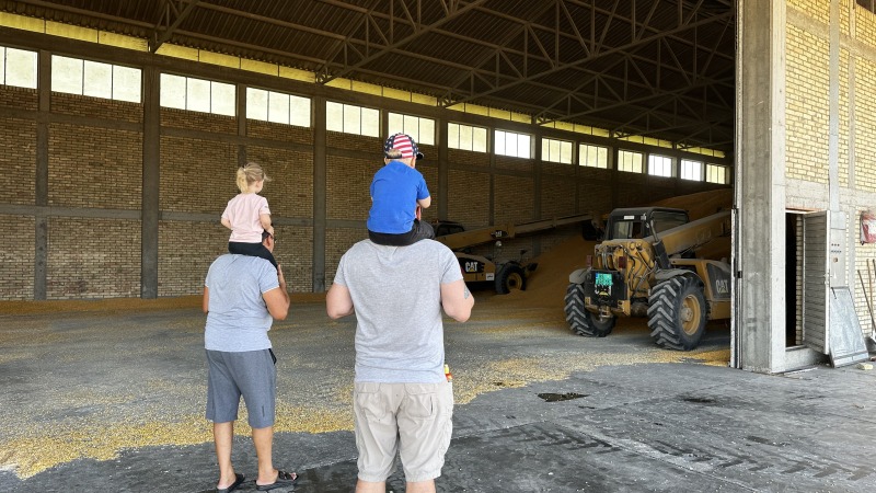 Checking out the all the corn and sunflower seeds from the season at the grain elevator.
