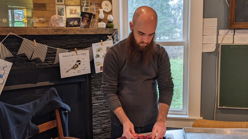 We have built relationships with other regenerative farmers and worked alongside them. Here Brian is helping butcher a neighbor's beef