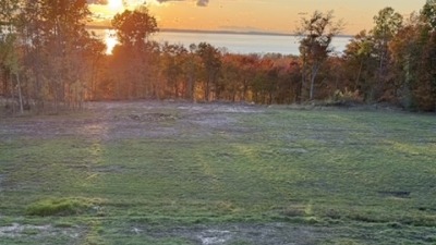 Image of field looking west from the farm house balcony. The east arm of Grand Traverse Bay and Leelanau Peninsula is visible in the distance.