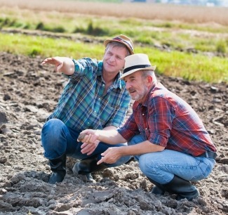 Two middle age male presenting people squatting in a plowed field, looking and pointing to the side. Both are wearing muck boots and blue jeans and fedora hats. One is wearing a blue plaid shirt, one is wearing a red plaid shirt.