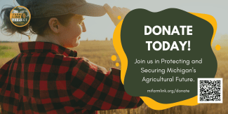 mfl donate banner, female farmer holding her hat 